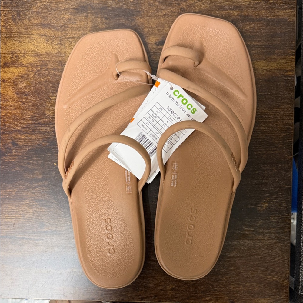 CROCS Women’s Tan Double-Strap Toe-Loop Slide Sandal